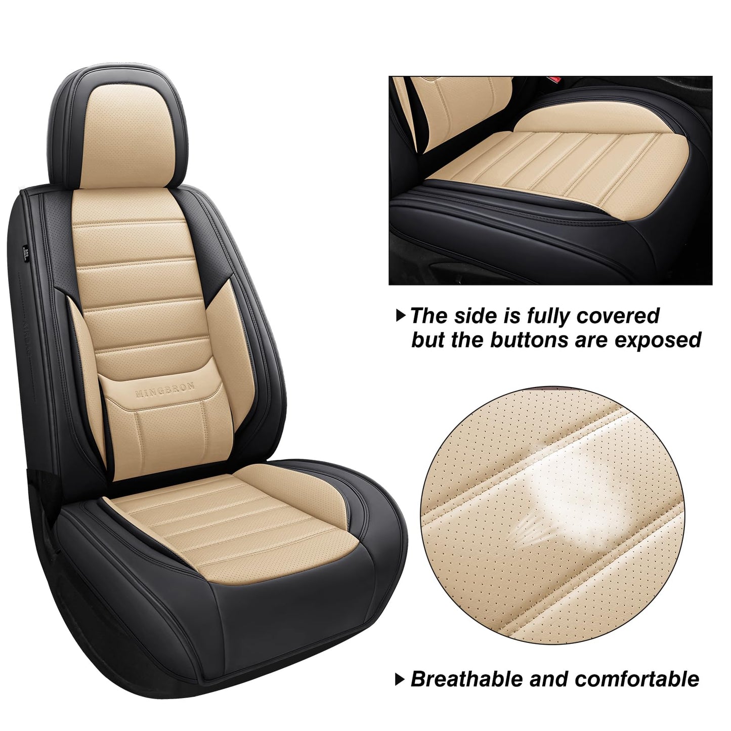 MINGBRON Car Seat Covers Full Set, Brown Car Seat Cover Lumbar Support, Car Seat Protector Waterproof, Nappa Leather Car Seat Cushion, Front Seats and Back Fit for Most Cars Beige