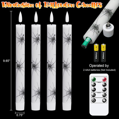 Wondise Halloween Flameless Taper Candles with Remote & Timer, 4 Pack Spider Web Halloween Candles Battery Operated Real Wax LED Flickering Candlestick for Halloween Table Decorations, 02020051