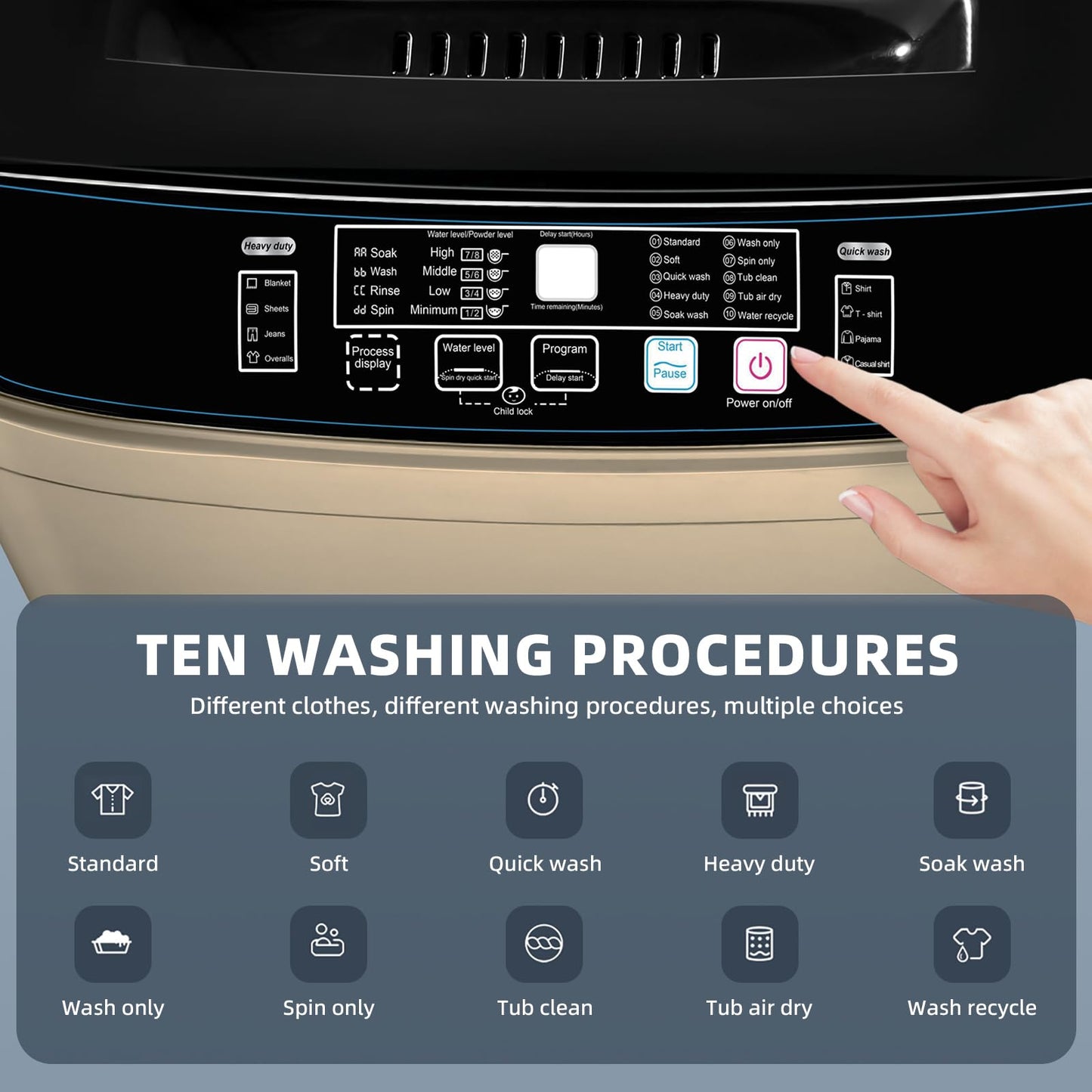 Qhou Full-Automatic Washing Machine, 15.6lbs Capacity Portable Washer, with Drain Pump, LED Display/8 Water Levels Selections/10 Programs Compact Laundry Washer for RV, Camping, Apartment, Dorm（Gold)