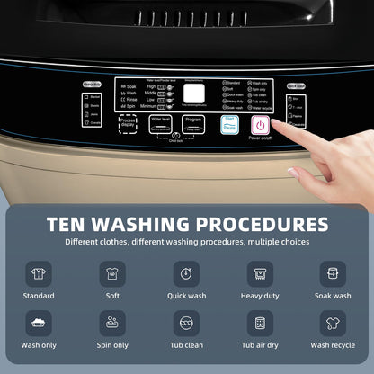 Qhou Full-Automatic Washing Machine, 15.6lbs Capacity Portable Washer, with Drain Pump, LED Display/8 Water Levels Selections/10 Programs Compact Laundry Washer for RV, Camping, Apartment, Dorm（Gold)
