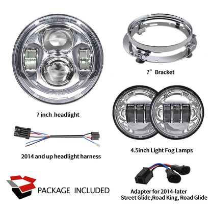 7 inch Motorcycle LED Headlight 4.5" Fog Passing Lights DOT SAE Approved, Compatible with Davidson Fat Boy Street Glide Heritage Softail Road King Switchback Electra Glide Ultra Classic Chrome
