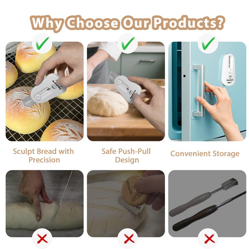 Fenikara Premium Magnetic Bread Lame & Versatile Bread Scoring Tool - Professional Sourdough Scoring Tool and Lame Bread Tool with 10 Razor Blades & Scoring Patterns Booklet (light gray)