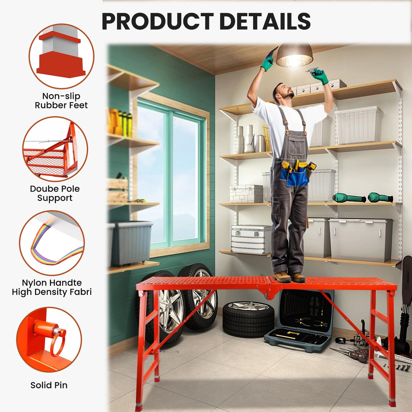 Foldable Scaffolding Platform, 70.8x15.2x36.2-62 Inch Portable Work Platform, 770 Lbs Capacity, Adjustable Height Industrial Step Ladders, Ideal for Painting, Wiring and Home Decor, Red