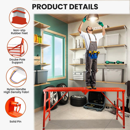 Foldable Scaffolding Platform, 70.8x15.2x36.2-62 Inch Portable Work Platform, 770 Lbs Capacity, Adjustable Height Industrial Step Ladders, Ideal for Painting, Wiring and Home Decor, Red