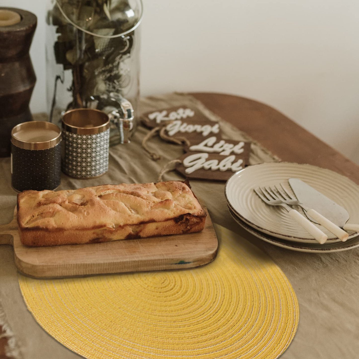 FunWheat Round Braided Placemats Set of 6 Place mats for Dining Tables Woven Heat Resistant Table Mats 15 inch (Yellow)