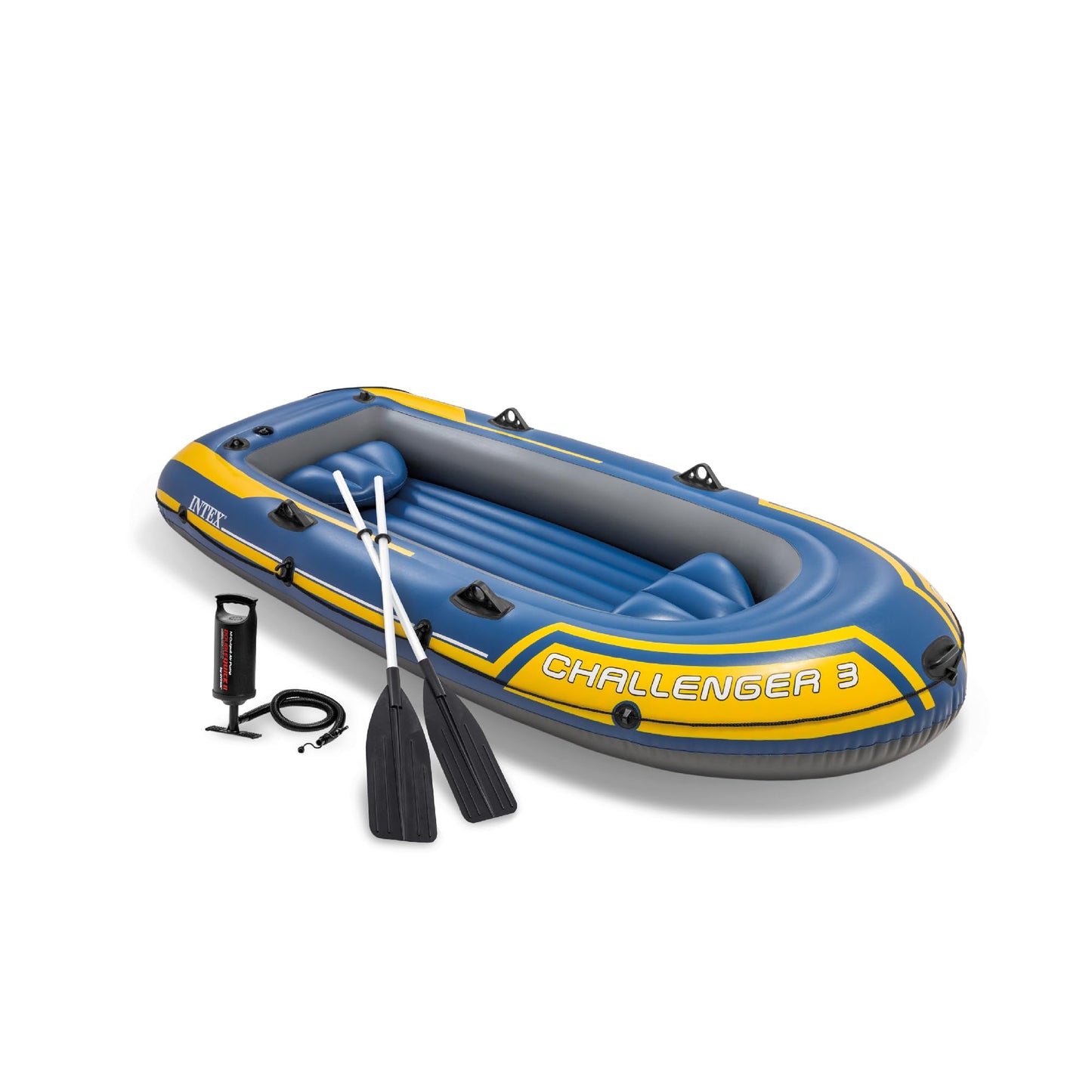INTEX 68370EP Challenger 3 Inflatable Boat Set: Includes Deluxe 48in Boat Oars and High-Output Pump – Triple Air Chambers – Welded Oar Locks – 3 Person – 660lb Weight Capacity