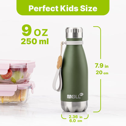 Skiennix 9 oz Stainless Steel Insulated Water Bottle - Leak Proof Mini Cola Shape for Kids (Grass Green)