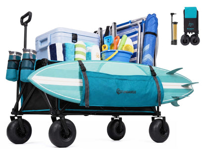 FUNDANGO Heavy Duty Beach Wagon with 9" Big Sand-Proof Wheels, 300L Large Beach Wagons with Balloon Wheel, Folding Collapsible All Terrian Cart with Side Pockets for Sports, Camping, Pump Included