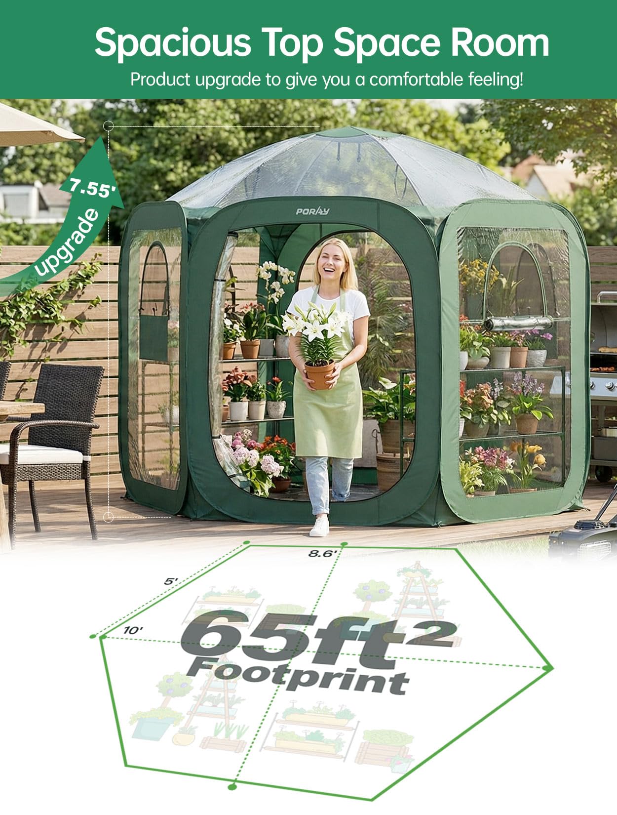 Porayhut Pop up Greenhouse Tent,Portable Large Walk-in Plant House 10’X10’ ,Indoor Outdoor Gardening Plant Sunshine Room with PVC Mesh Cloth Cover for Protecting Plant from Cold Frost & Birds