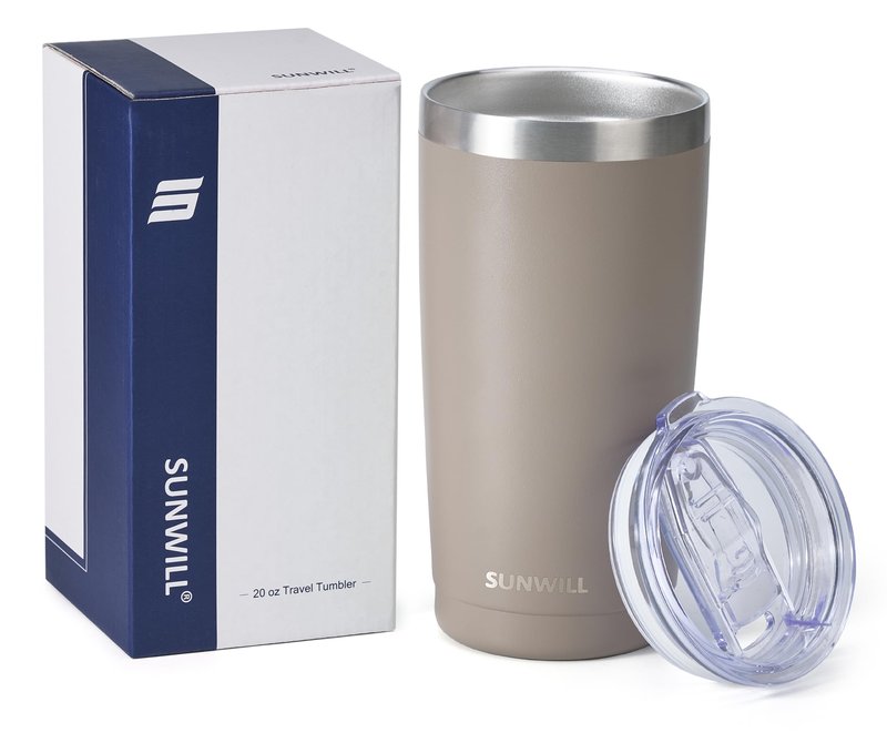 SUNWILL Travel Coffee Tumbler 20 oz, Insulated Mug with Lid, Stainless Steel Cup for Outdoor, Powder Coated Taupe