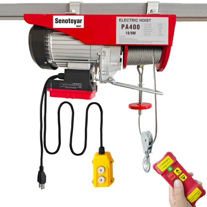 Electric Hoist 2 in 1,880lbs Electric Hoist Winch with 98ft Wireless Control&Wired Remote Control,110v Electric Hoist 59ft/29.5ft Lifting Height for Garage Warehouse Factory,Single/Double Slings