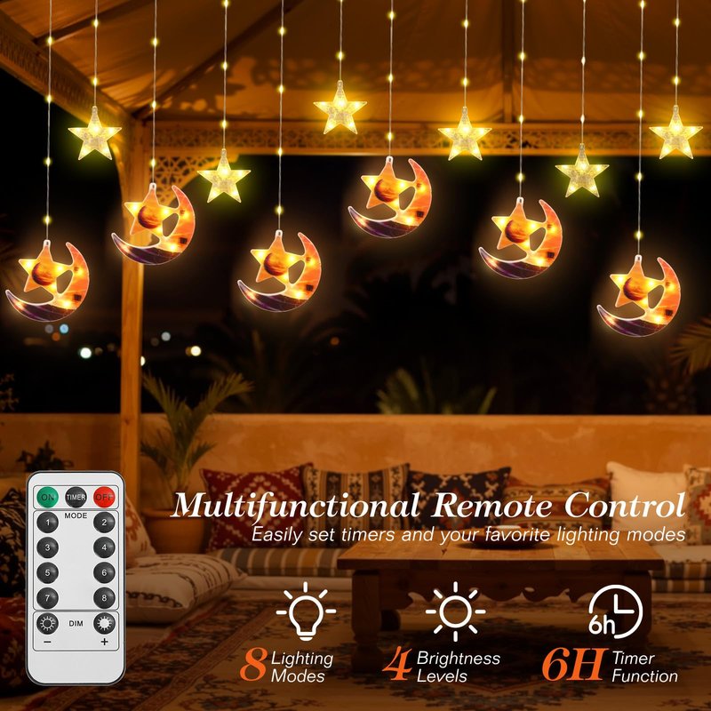 Lewondr Ramadan Curtain String Lights, 138 LED Moon Star Fairy Lights with 6H Timer, 8 Modes, Remote Control, USB Powered Curtain String Light, Eid Mubarak Decorations for Ramadan Home Decorations