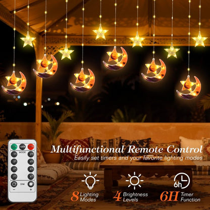 Lewondr Ramadan Curtain String Lights, 138 LED Moon Star Fairy Lights with 6H Timer, 8 Modes, Remote Control, USB Powered Curtain String Light, Eid Mubarak Decorations for Ramadan Home Decorations