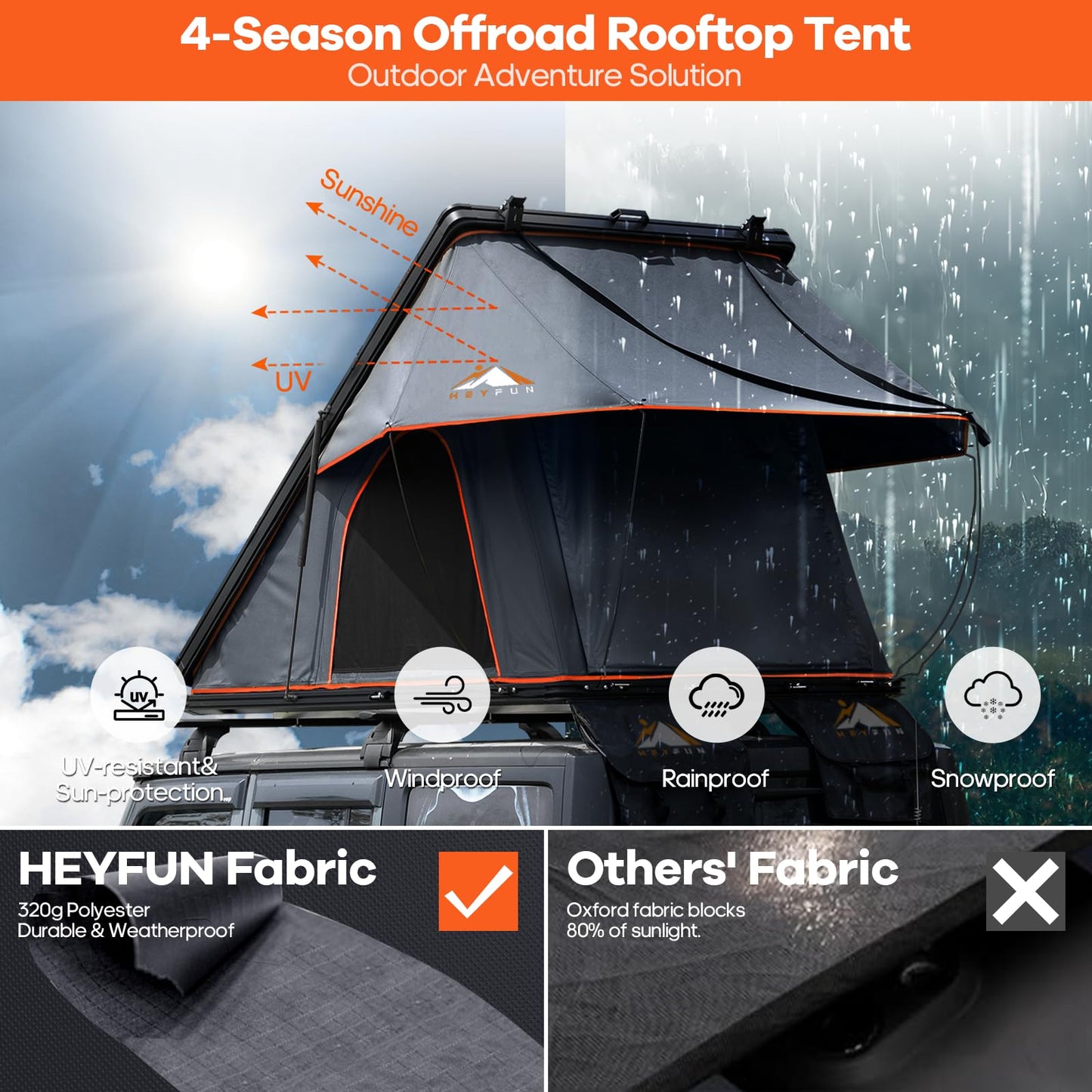 Adventurer Pro Rooftop Tent Hard Shell with Side Awning&LED Light Strip, 2-3 Person Roof Top Tent for 4 Season Camping, Aluminum Pop Up Roof Tent for Truck Jeep SUV Van Trailer