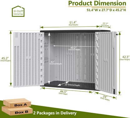 ZZM 37 Cu.ft Outdoor Storage Shed Double-Wall HDPE Storage Cabinet, Waterproof Plastic Sheds with Floor Horizontal Lockable Garden Tools Trash Can, Lawn Mower, Bike Storage, Black