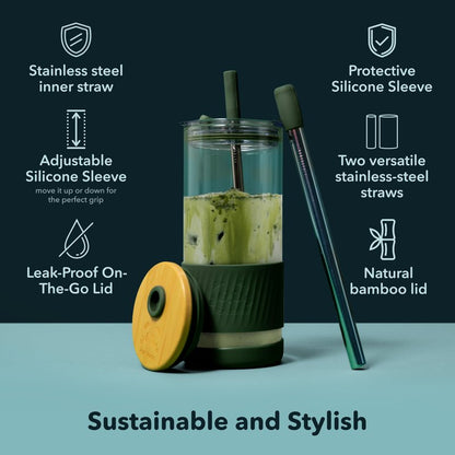 Pandaloo® Glass Cups With Lids and Straws -20 Fl Oz- Perfect Size Iced Coffee Cup - Smoothie Cup With Bamboo Lid and On the go Lid - Glass Tumbler With Straw (1 Count (Pack of 1), Carribean Blue)