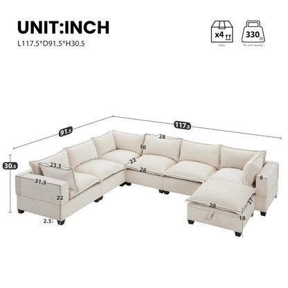 Merax Modern U-Shaped Modular Couch Set with Storage Ottoman, Chenille 7-Seat Sectional Sofa Sleeper Bed with Wide Seat for Living Room, Free Combination,Off White