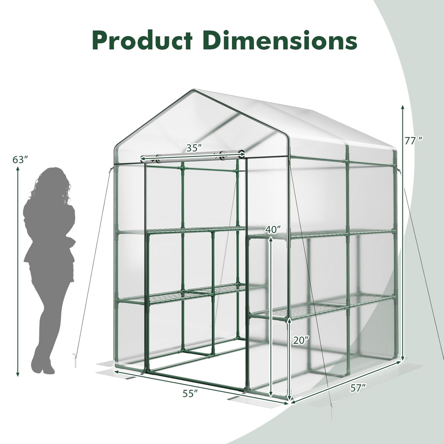 Happygrill Greenhouse, Portable Greenhouses for Outdoors w/8 Shelves, Roll-Up Zippered Door, 2 Observation Windows & 2 Tiers, Weather-Proof PE Cover, Wind Rope (Transparent, 55” x 57” x 77”)