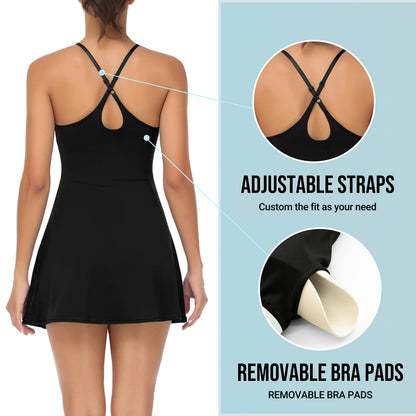 Women Workout Tennis Dress with Built-in Bra Shorts, Adjustable Cross Shoulder Straps with Pockets