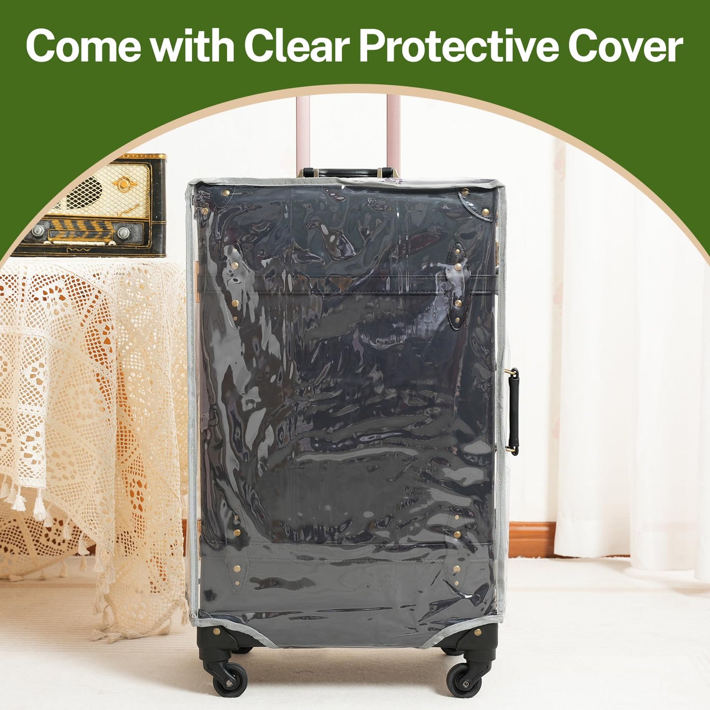 urecity Designer Vintage Trunk Combination Luggage Sets of 2 Piece, Hard Shell Retro Travel Suitcase with Wheels (Black, 20"+12")