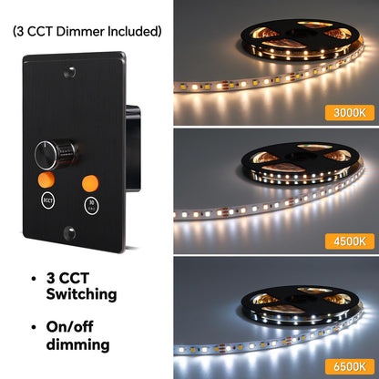 Obeaming 3CCT Flexible LED Strip Light Kit, 16.4ft, 12V Dimmer, CCT Changeable (3000K/4500K/6000K