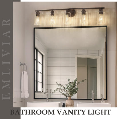 Emliviar Rustic Vanity Light Fixture, 5-Light - 40 Inch, Fluted Ripple Glass, Oil Rubbed Bronze Finish, Model YE295B
