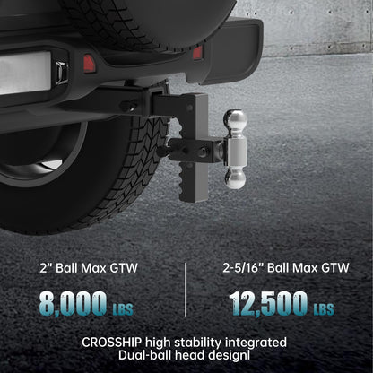 CROSSHIP Adjustable Drawbar Trailer Hitch - Heavy Duty Aluminum Drop Hitch - Fits 2" Receiver, 8" Drop/Rise, for Truck, SUV, RV(12500 Lbs GTW)