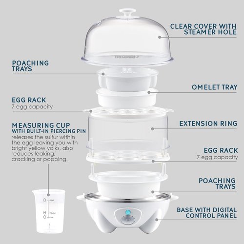 Elite Gourmet 2-Tiered Egg Cooker - Poach 5 Eggs & Make Omelets | Auto Shut-Off, BPA Free, White