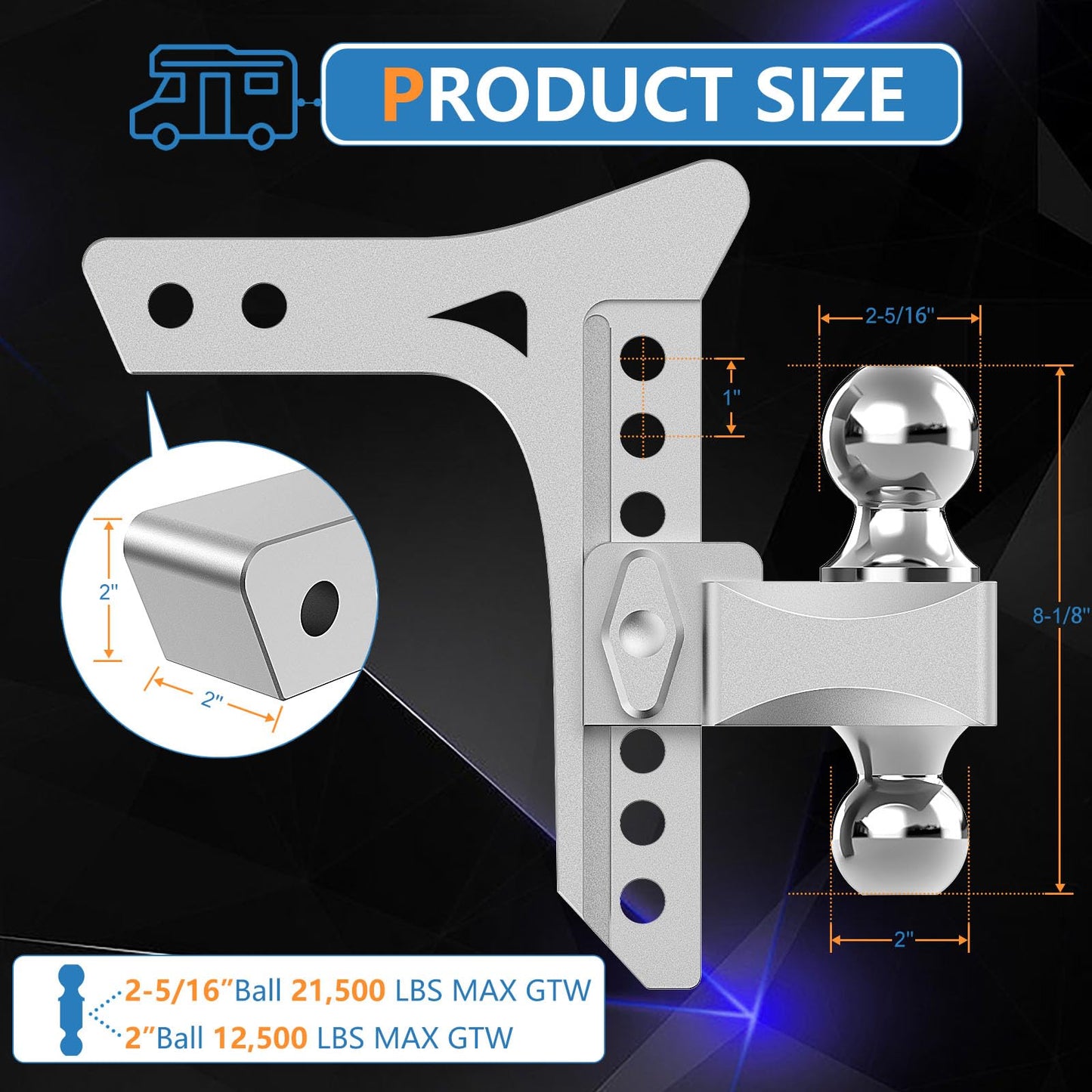 Tlvuvmo Drop Hitch -8 Inch Adjustable Trailer Hitch (Fits 2-Inch Receiver), 21,500 LBS GTW Heavy Duty Truck Hitch, Aluminum Tow Hitches, (2'' & 2-5/16'') Chrome Steel Tow Balls & 2 Anti-Theft Locks