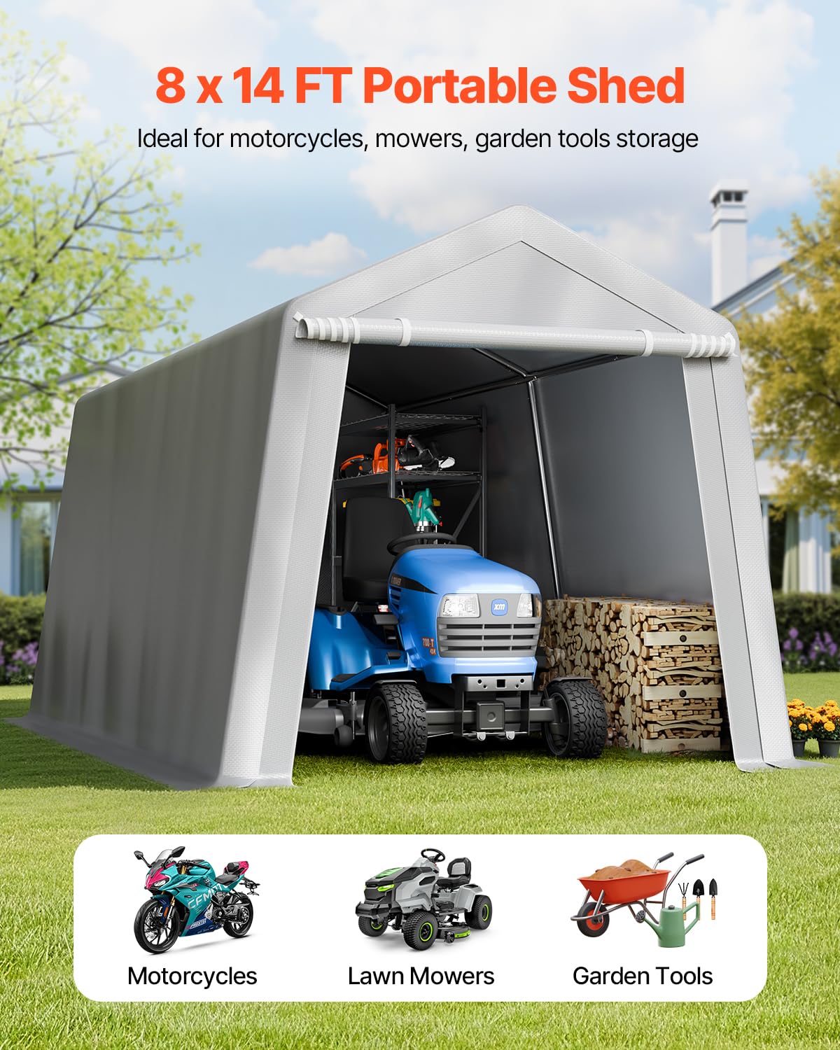 VEVOR Portable Outdoor Storage Shelter Shed, 8 x 14 x 7.6 ft Heavy Duty Instant Storage Tent Garage Sheds with Roll-up Zipper Door for Motorcycle, Bike, Garden Tools