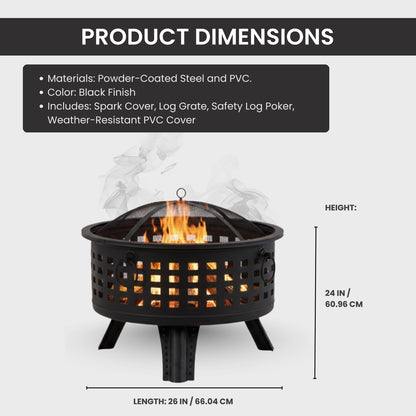 Outdoor Fire Pit - 26-Inch Round Lattice Wood Burning Firepit with Screen, Poker, Grate and Cover - Wood Fire Pits & Outdoor Fireplaces by Pure Garden