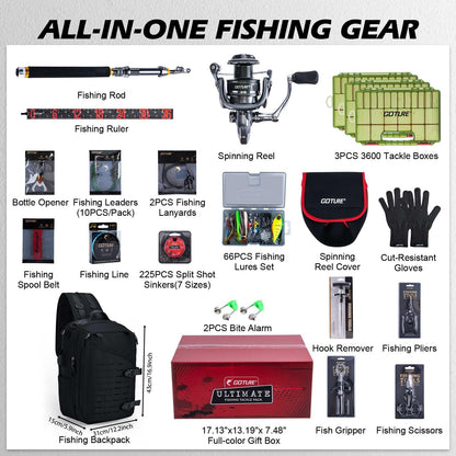 Goture Fishing Rod and Reel Combos with Tackle Backpack, 6FT-9FT Telescopic Fishing Pole with Spinning Reel,3 3600 Tackle Trays,Lures,Pliers,Travel Full Starter Kit for Freshwater Saltwater,Beginners