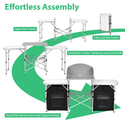 GYMAX Folding Camping Table, Portable Kitchen Table with 2 Zipper Organizer Shelf & Wind Screen, Foldable Cooking Table for Camping Hiking Picnic BBQ (Black)