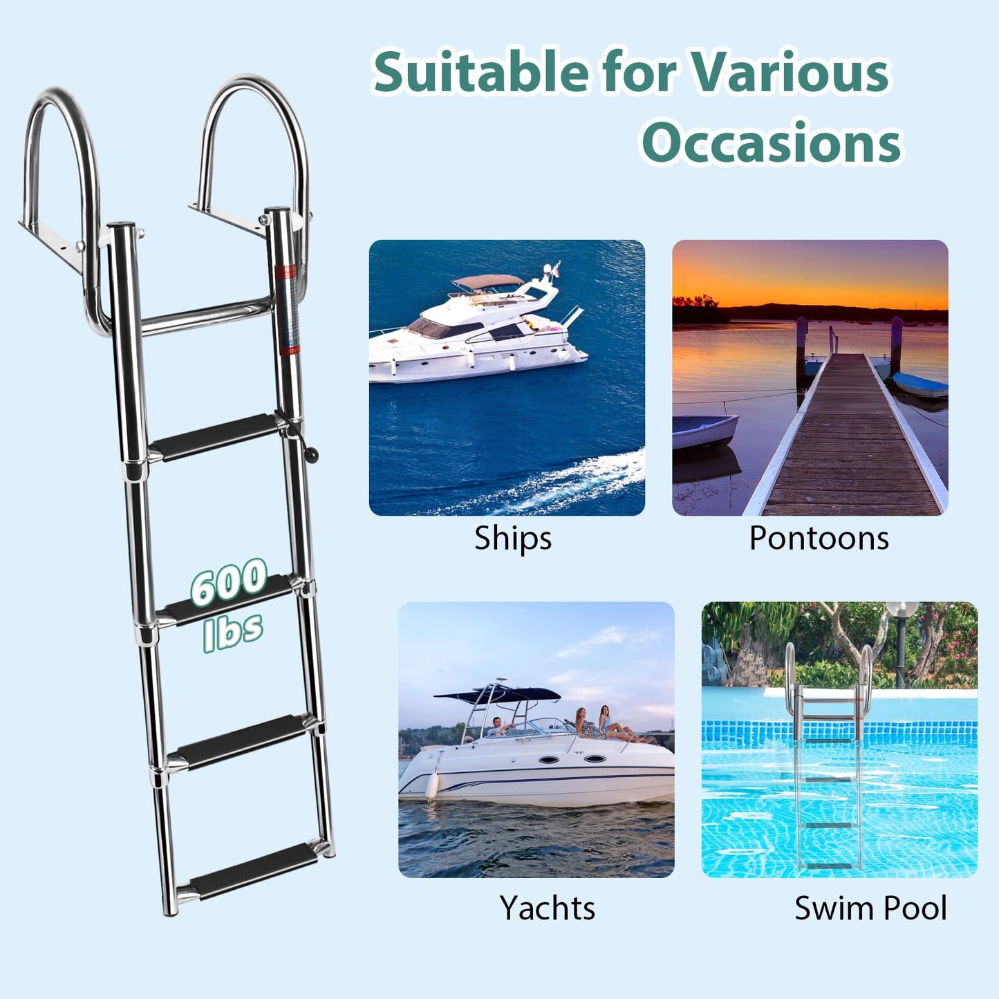 4 Step Boat Ladder, Stainless Steel Pontoon Ladder Heavy Duty with Pedal Hand Railing, Telescoping Boat Ladder Folding for Boat Yacht Dock Swimming Pool