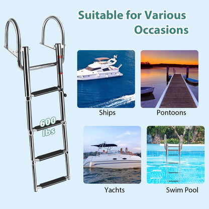 4 Step Boat Ladder, Stainless Steel Pontoon Ladder Heavy Duty with Pedal Hand Railing, Telescoping Boat Ladder Folding for Boat Yacht Dock Swimming Pool