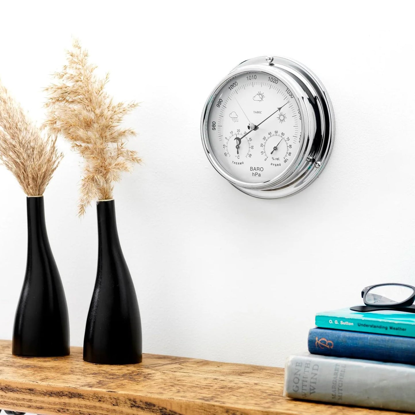 Tabic Chrome Barometer with Built-in Hygrometer &Thermometer - Analog Weather Station for Home & Outdoor Use - Handmade in England - Heavy Chrome Plated Brass Case (1/2kg), 6in x 2in