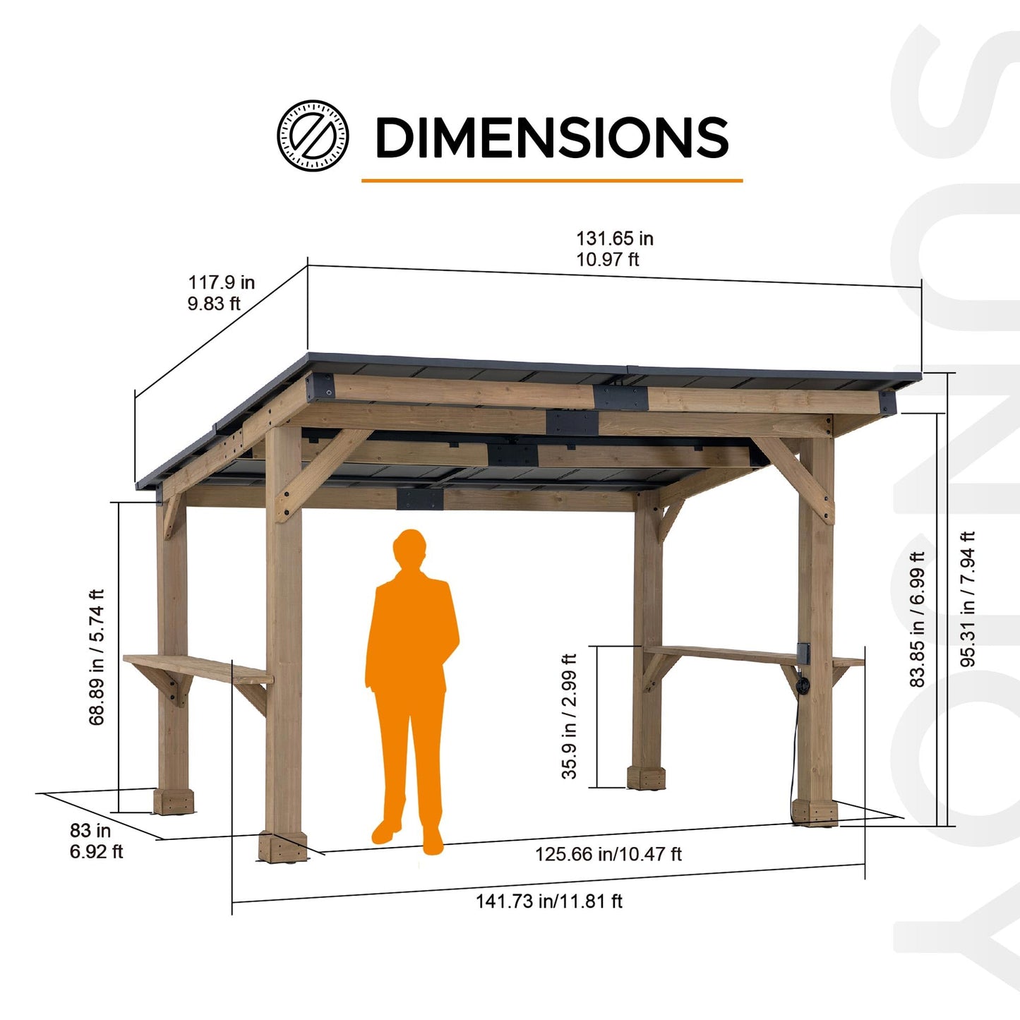 SUNJOY 12' x 10' Grill Gazebo, Outdoor Cedar Wood BBQ Pavilion Backyard Hot Tub Gazebo with Hardtop Metal Roof, Exclusive PowerPort and Bar Shelves, Permanent Cook Station for Patio, Deck, Garden