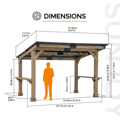 SUNJOY 12' x 10' Grill Gazebo, Outdoor Cedar Wood BBQ Pavilion Backyard Hot Tub Gazebo with Hardtop Metal Roof, Exclusive PowerPort and Bar Shelves, Permanent Cook Station for Patio, Deck, Garden