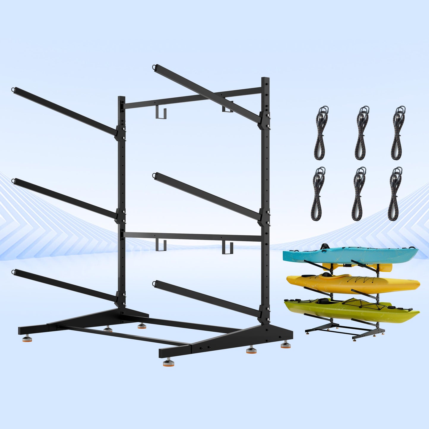 AlloyLake 3-Tier Freestanding Kayak Storage Rack, Heavy Duty Outdoor Canoe Stand for Garage & Dock, 330 lbs Capacity, Rust-Proof 304 Stainless Steel Hardware (Black)