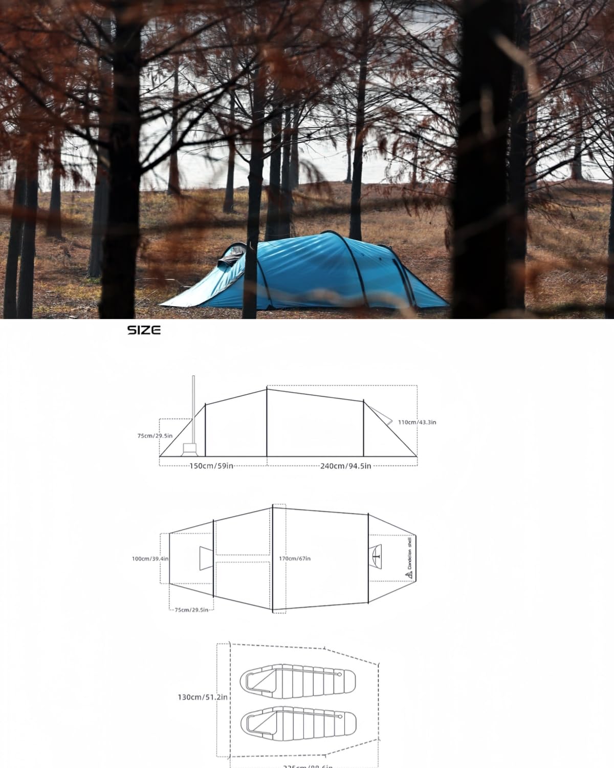 Dandelion Shell Hot Tent with Stove Jack Camping Winter 4 Season Tent 1-2 Person Backpacking for Camping Hiking Hunting Fishing Waterproof Windproof Lightweight 153 x 67 x 43 (inches)