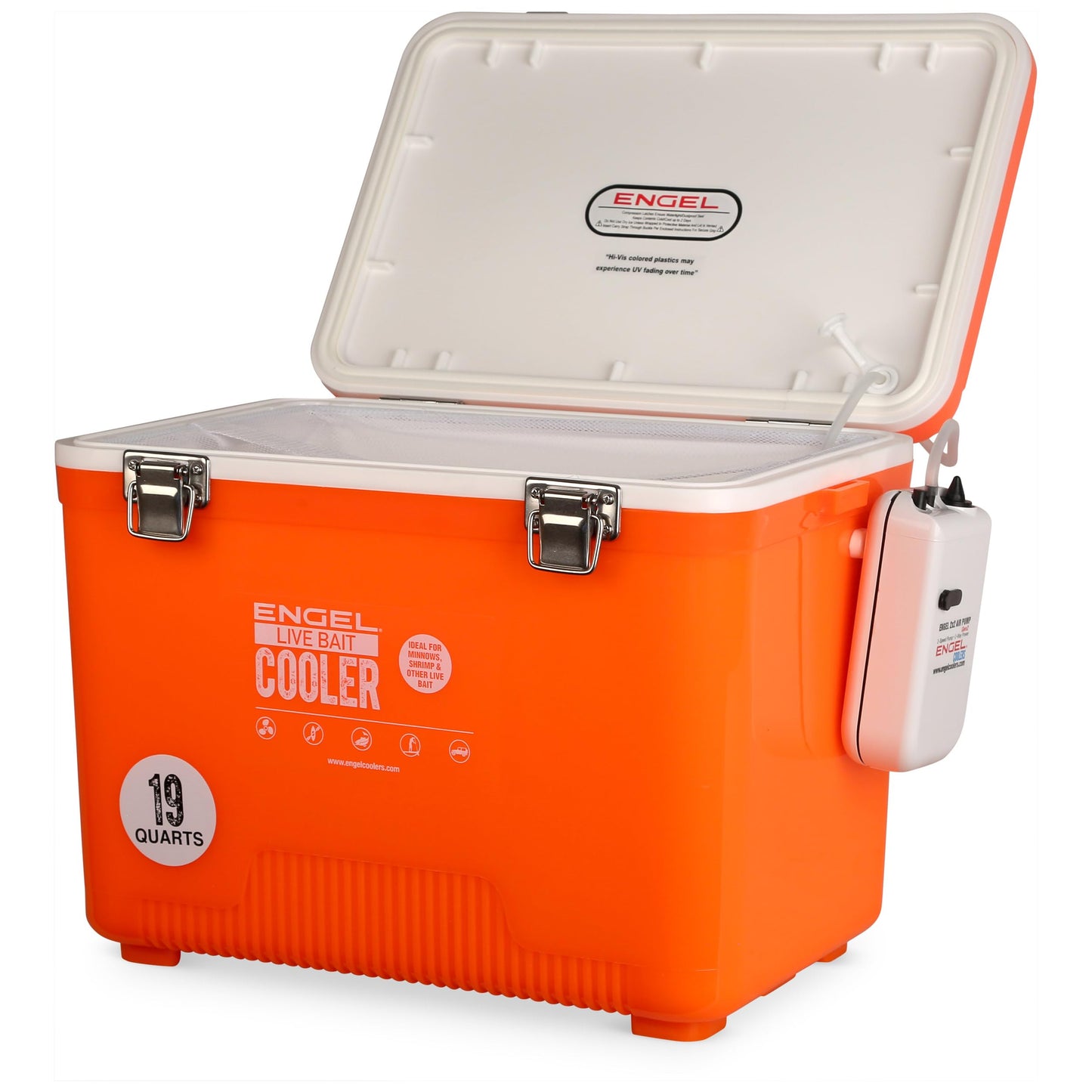 Engel 19qt Live Bait Cooler Box with 2nd Gen 2-Speed Aerator Pump - Portable Fishing Station & Minnow Bucket for Shrimp & Other Live Fish with Aerator - ENGLBC19-N-OHV in Orange High-Visibility