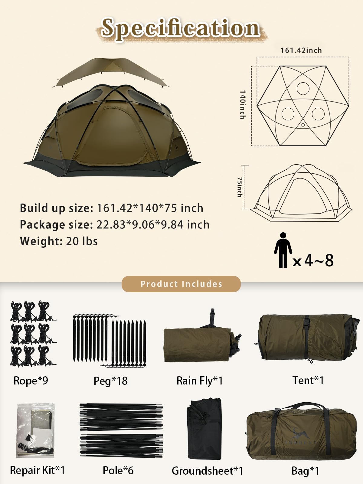 TOMOUNT Dome Hot Tent with Stove Jack 4 Person Backpacking Tent for 4 Season Nylon Waterproof Glamping Hiking