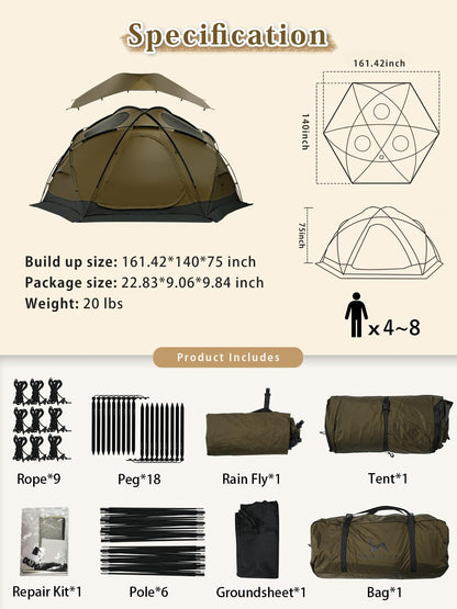 TOMOUNT Dome Hot Tent with Stove Jack 4 Person Backpacking Tent for 4 Season Nylon Waterproof Glamping Hiking