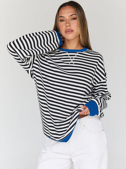 Trendy Queen Oversized Sweatshirt for Women 2025 Fall Crewneck Striped Long Sleeve Shirts Hoodies Cute Top Y2K Outfits