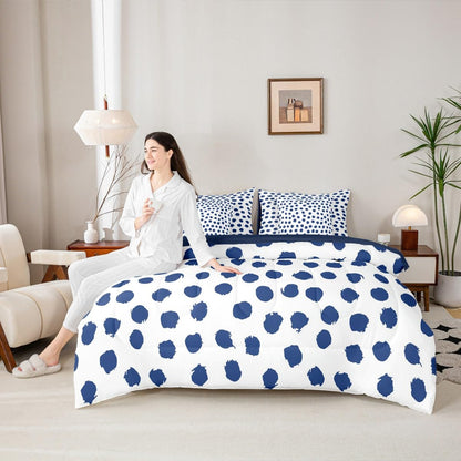 Erosebridal Boys Dots Bed in A Bag 7 Pcs Twin Size Polka Geometric Bed Set for Kids Men Brush Stroke Boho White Navy Blue Comforter Set Lightweight Sheet Set