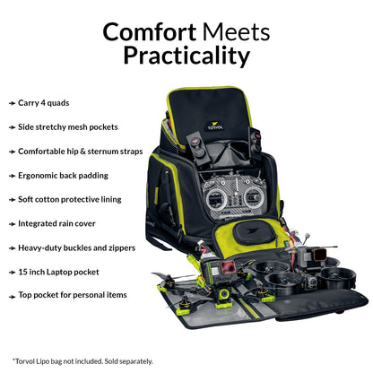 Torvol Quad PITSTOP Backpack Pro Stealth Edition – FPV Drone Backpack for 4 Quads + Gear, Compatible with DJI Mini 3, DJI Mini 4 Pro, Avata, Mavic, Goggles, Laptop, Black, With Rain Cover, 30L
