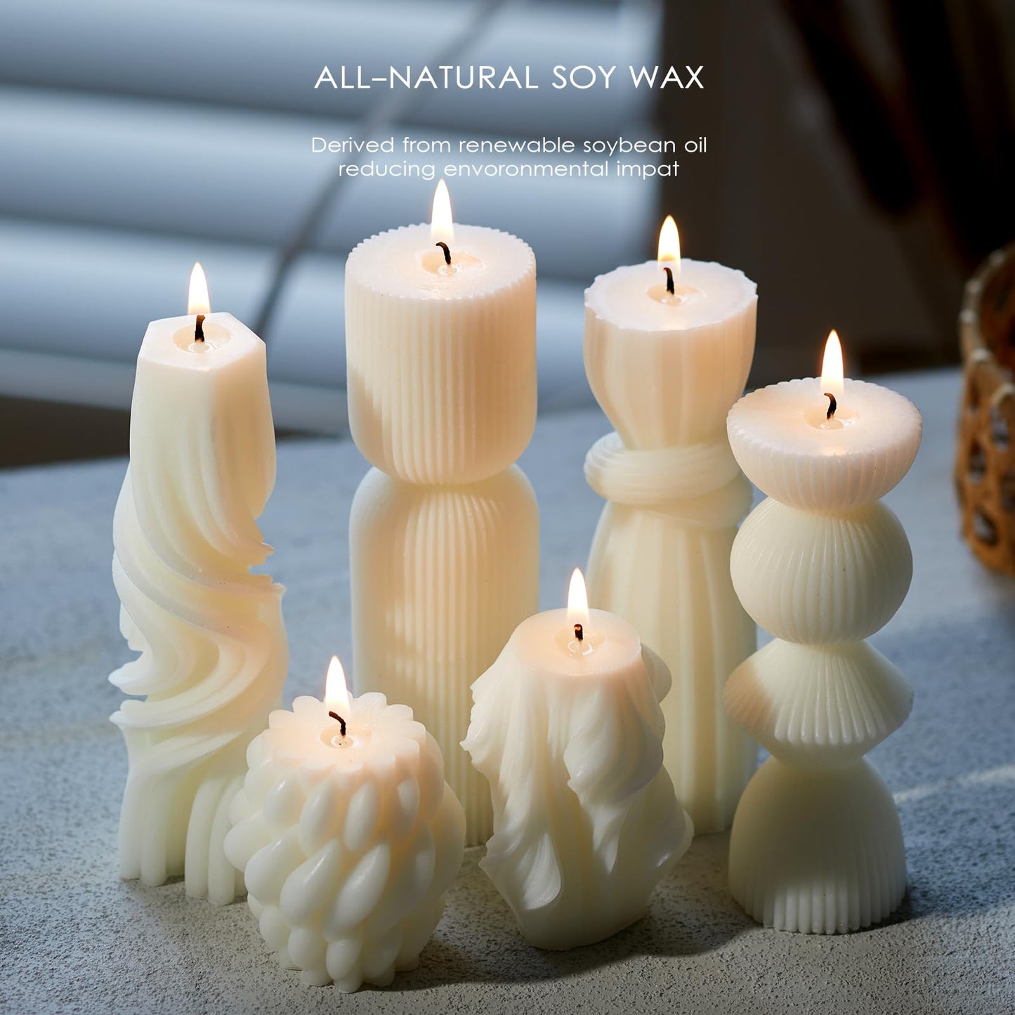 6 Pcs Small Handmade Ribbed Pillar Candle Set, Soy Wax Modern Home Decor for Living Room Bedroom, Aesthetic Table & Shelf Decor, Perfect Housewarming Gift (White, Small)