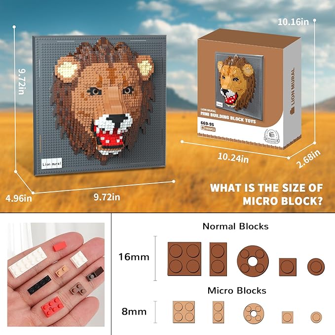 Lion Animal 3D Wall Art Micro Mini Building Blocks Set for Adults Unique Home Wall Decor or Table Display No Compatible with Lego Ideal Birthday Christmas Toy Gift for Teens (2005 PCS)