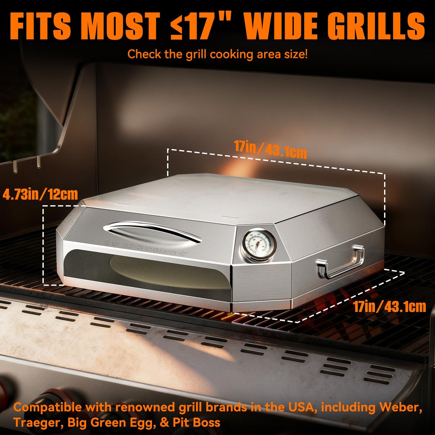 Onlyfire Stainless Steel Grill Top Pizza Oven Kit, Portable Pizza Maker for Gas Charcoal Pellet Grill, Flip-Open Lid, Includes Pizza Stone, Pizza Peel & Thermometer, Fits Weber Napoleon