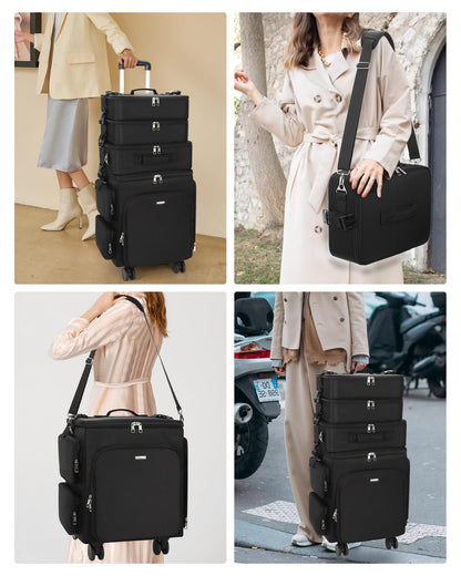Relavel Rolling Makeup Case, 4 in 1 Hairstylist Traveling Bag Cosmetology Case on Wheels Large Hair Tools Cosmetics Train Case Makeup Artist Storage Organizer Trolley Suitcase with 360° Swivel Wheels